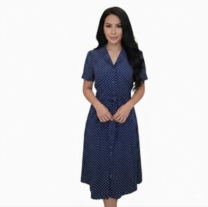 Anne Klein Polka Dot Dress Navy Blue Vintage Size 10